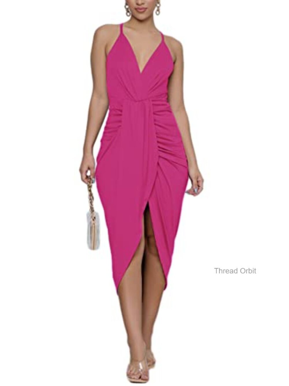 Wrap V-Neck Spaghetti Strap Midi Bodycon Dress, Ruched Slit Hem - Picture 4 of 4